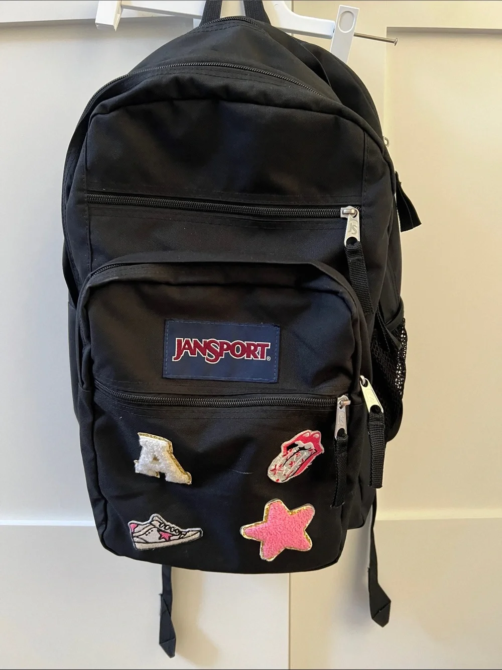 Jansport Black Big Student Backpack with Colorful Patch Accents
